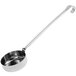 A silver stainless steel ladle with a long handle.