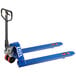 A blue metal Lavex hand pallet truck with wheels and a handle.