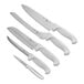 A five-piece kitchen knife set with white handles.