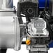 A close-up of the DuroMax portable water pump engine with a blue and silver cover.