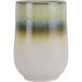 A close-up of a white and green Tuxton China cocktail tumbler with a green and white stripe.
