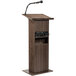 a wooden podium with a microphone