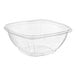 A case of clear plastic Visions square catering bowls with a lid.
