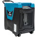 A blue and black XPOWER commercial dehumidifier with wheels and a handle.