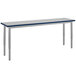a rectangular white table with blue stripe