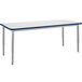 A white rectangular table with a blue edge and legs.