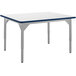 A white rectangular National Public Seating utility table with a blue edge.