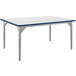 A white rectangular table with a blue edge and gray legs.