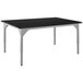 A black rectangular table with a gray metal frame and black top.