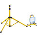 A yellow tripod with a Voltec LED work light with a blue and white light.
