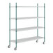 A white wire shelving unit with green epoxy shelves and casters.