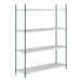 A green wire shelving unit with green metal rods and four shelves.