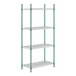 A green Regency wire shelving unit with four shelves.