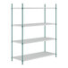 A white wire shelving unit with green epoxy shelves and metal rods.