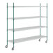 A white wire shelving unit with green epoxy shelves and casters.