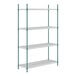 A green Regency wire shelving unit with four shelves.