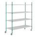 A white wire shelving unit with green casters.