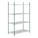 A green wire shelving unit with four shelves.