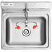 A Regency stainless steel wall mounted hands-free hand sink with knee operated eyewash station and red handles.