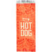 A red paper hot dog bag with an orange and white design and white text.