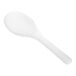 A white plastic spoon on a white background.