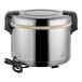 A silver and black stainless steel electric rice warmer with a cord.