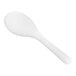 A white plastic spoon on a white background.