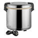 A Zojirushi stainless steel electric rice warmer with a removable silver pot and cord.