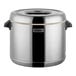 A stainless steel Zojirushi sushi rice container with a lid.