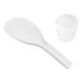 A plastic spoon and cup in a plastic container with a lid.