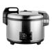 A Zojirushi stainless steel rice cooker with a lid.