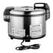 A Zojirushi stainless steel electric rice cooker with a power cord.