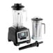 A commercial blender with a programmable touchpad control base, a 64 oz. polycarbonate container, a 64 oz. stainless steel jar, and a tamper tool.