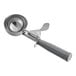 A gray-handled stainless steel thumb press disher for scooping and serving portions, typically used for ice cream or soft foods.