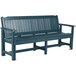 A Nantucket blue outdoor garden bench with arms.