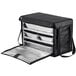 An American Metalcraft black polyester insulated delivery bag with silver trays inside.