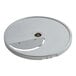 A circular silver AvaMix curved slicing plate with a hole in the center.