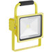 A yellow Lind Equipment rechargeable LED floodlight with a black handle.
