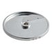 A stainless steel circular AvaMix curved slicing plate with a hole in the center.