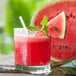 A glass of watermelon soft serve mix with a straw and a slice of watermelon.