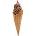 A waffle cone with Frostline chocolate ice cream inside.