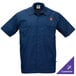 A navy blue short sleeve work shirt with two chest pockets and a customizable logo on the left chest.