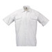 A white short sleeve button-up work shirt with two chest pockets.