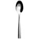 A Sola stainless steel dessert spoon with a black spot on the handle.