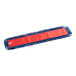 A red and blue fringed mop pad for a Lavex dust mop.