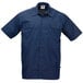 A navy blue Mercer Culinary short sleeve work shirt with two pockets.