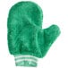 A green Lavex microfiber mitten with white stripes.