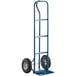 a blue hand truck with black wheels