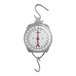 A round analog hanging scale with a metal hook at the top and bottom for weighing items.