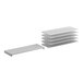 A stack of white rectangular metal shelves with plastic grates.